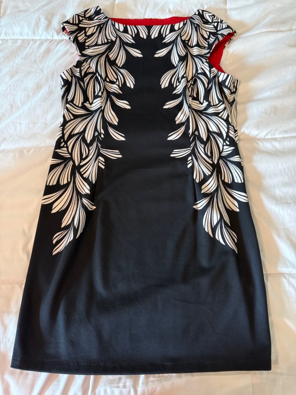 London Style Black Midi Dress with White Leaf Print and Red Trim